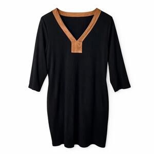 Lauren Ralph Lauren Black Cotton Shift Dress V Neck Faux Suede Trim Size 2X